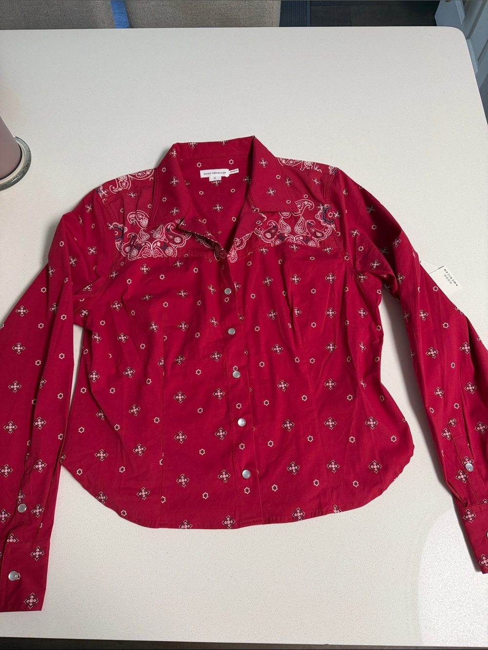 Good American Red Dolly Tailored Poplin Western-Print Button Down Shirt